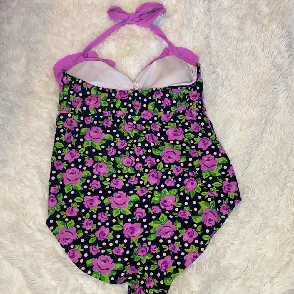 OP Purple Rose Black White Polka Dot One Piece Bathing Suit Size XXL - Picture 6 of 10